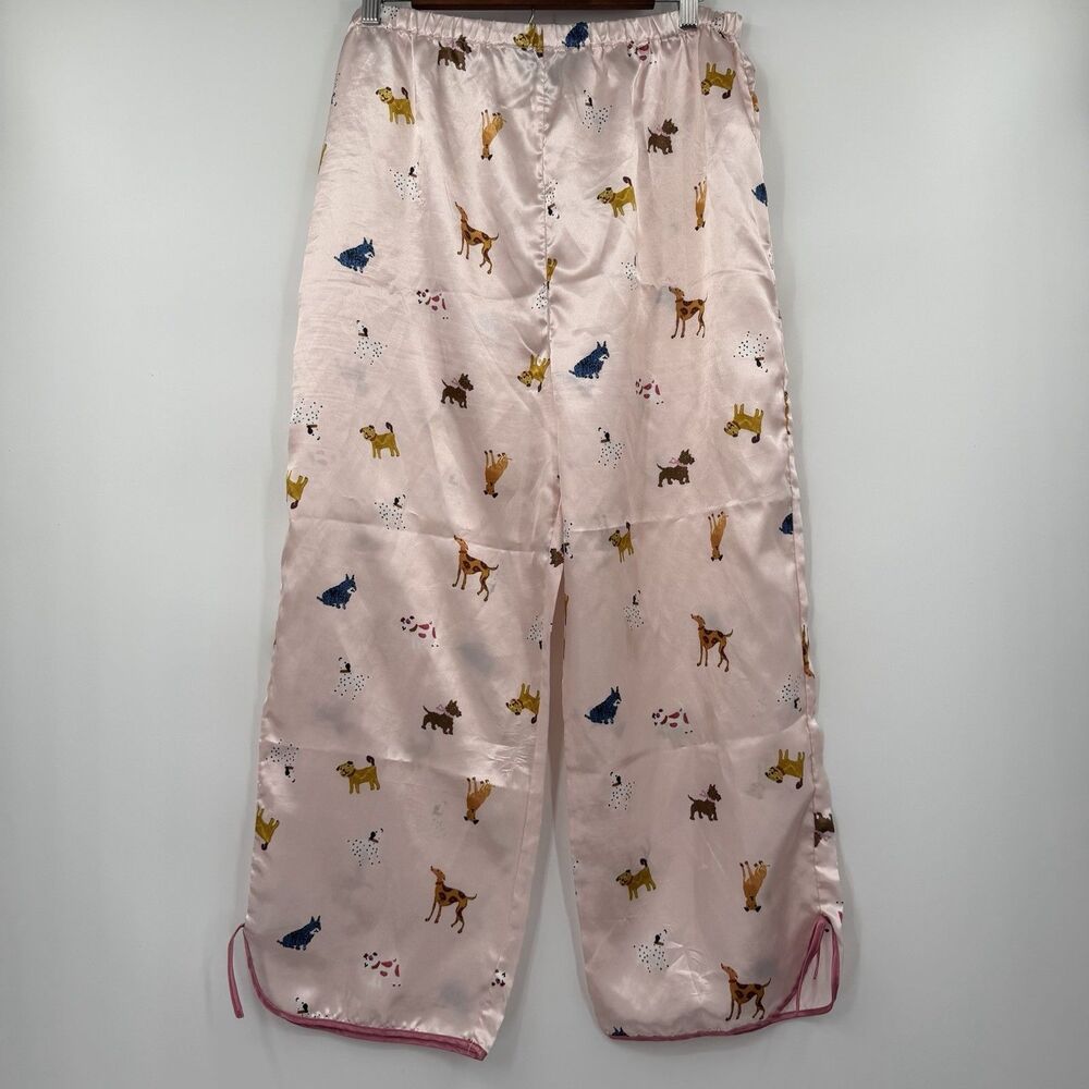 Robert Louis Pajama Pants L Pink Satin Dog Print Y2K Wide Leg Lounge Sleepwear
